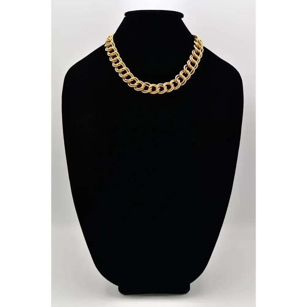 Vintage Chain Collar Necklace Double Linked Textured Gold Heavy Chunky 80s BinBE